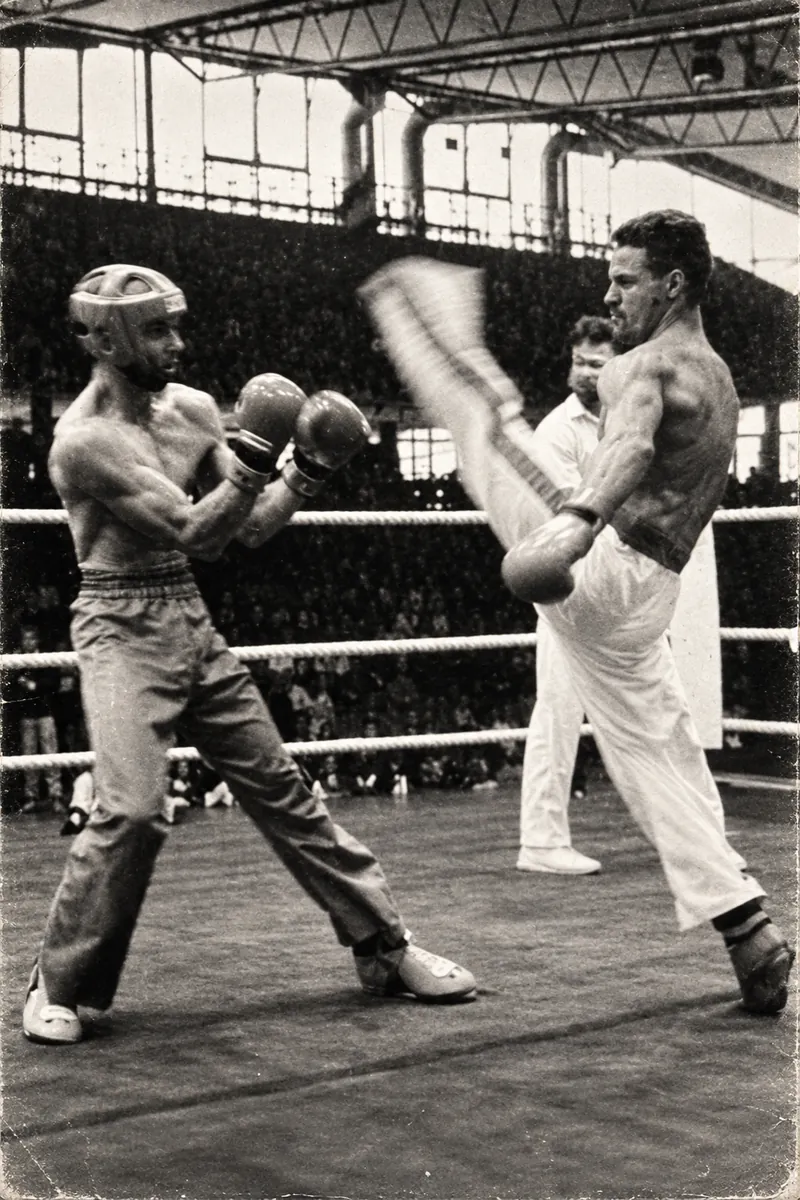 Kickboxkampf: hoher Kick gegen die Deckung des Gegners, Ringrichter im Hintergrund